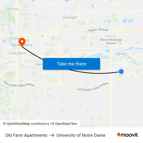 Old Farm Apartments to University of Notre Dame map