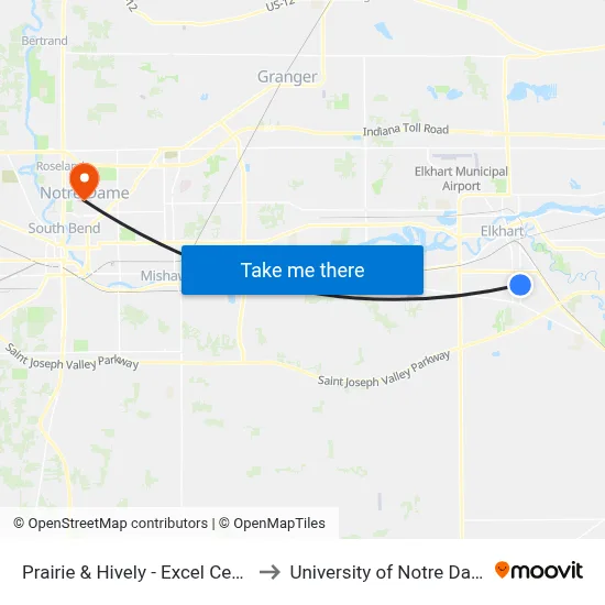 Prairie & Hively - Excel Center to University of Notre Dame map