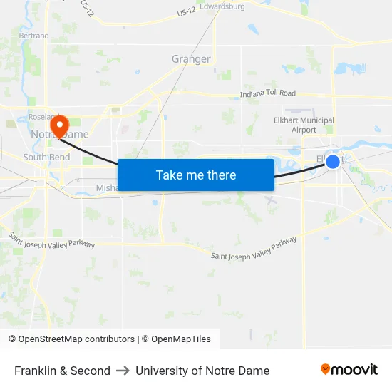 Franklin & Second to University of Notre Dame map