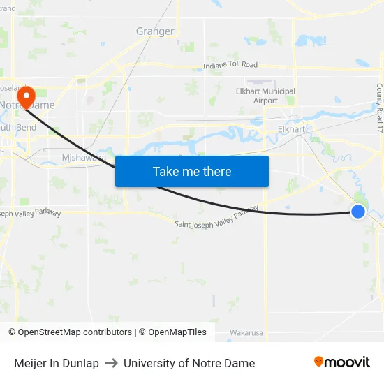 Meijer In Dunlap to University of Notre Dame map