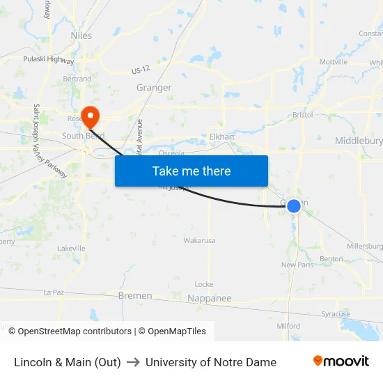 Lincoln & Main (Out) to University of Notre Dame map