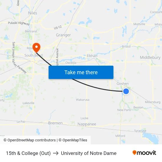15th & College (Out) to University of Notre Dame map