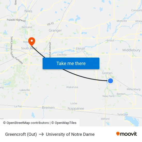 Greencroft (Out) to University of Notre Dame map