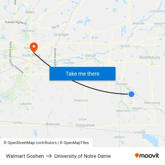 Walmart Goshen to University of Notre Dame map