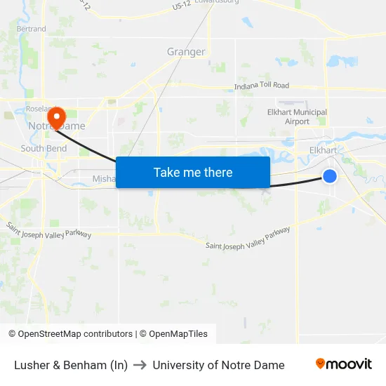Lusher & Benham (In) to University of Notre Dame map