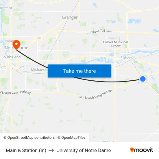 Main & Station (In) to University of Notre Dame map