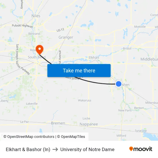 Elkhart & Bashor (In) to University of Notre Dame map