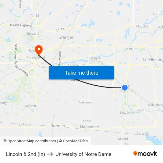Lincoln & 2nd (In) to University of Notre Dame map