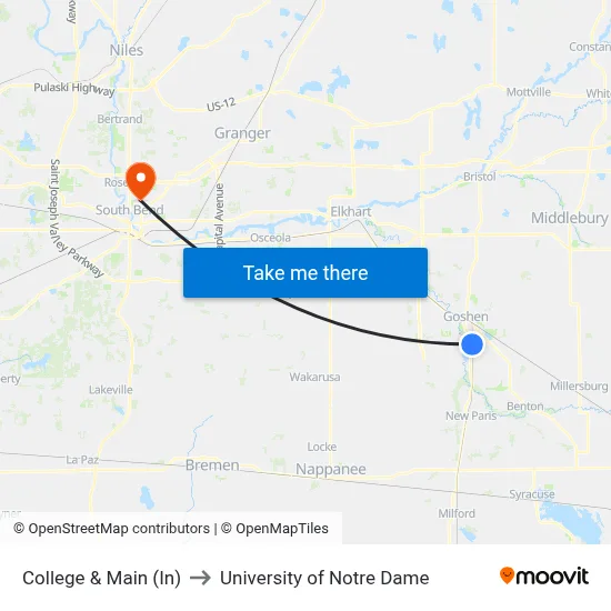 College & Main (In) to University of Notre Dame map