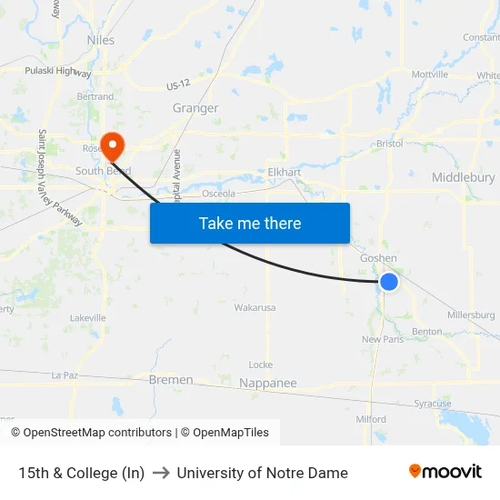15th & College (In) to University of Notre Dame map