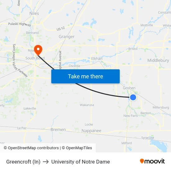 Greencroft (In) to University of Notre Dame map