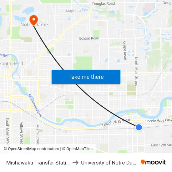 Mishawaka Transfer Station to University of Notre Dame map