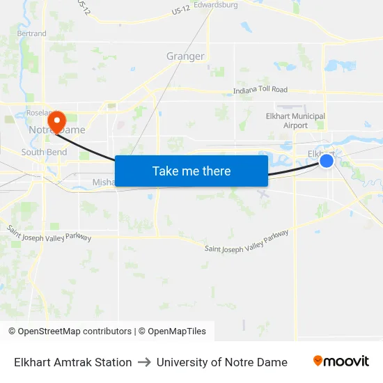 Elkhart Amtrak Station to University of Notre Dame map