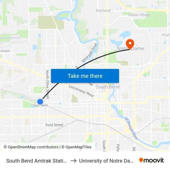South Bend Amtrak Station to University of Notre Dame map