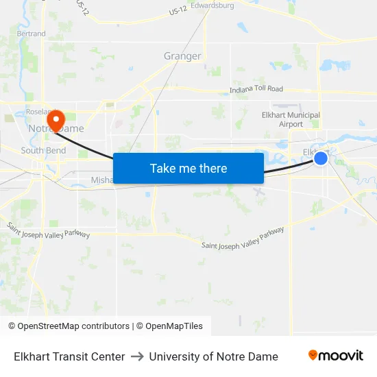 Elkhart Transit Center to University of Notre Dame map