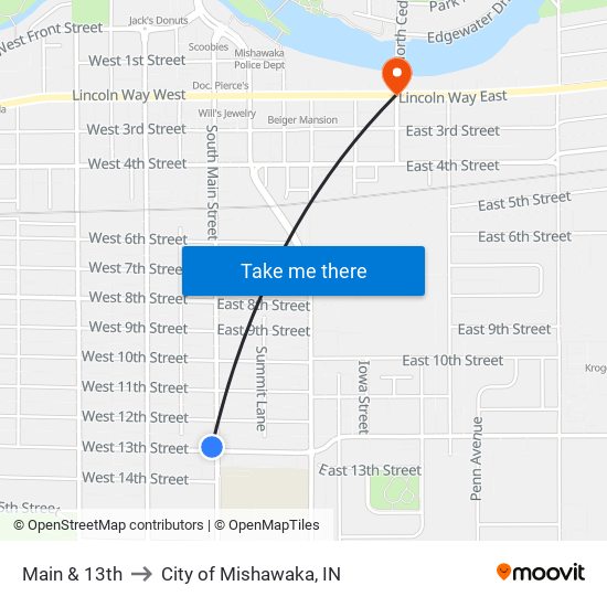 Main & 13th to City of Mishawaka, IN map