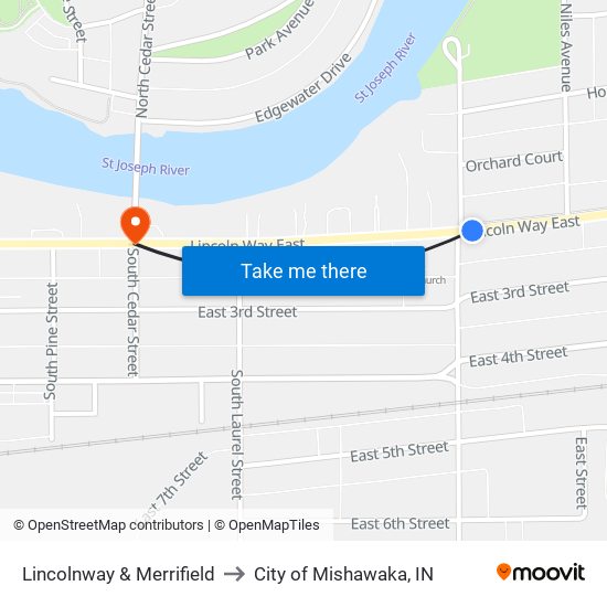 Lincolnway & Merrifield to City of Mishawaka, IN map