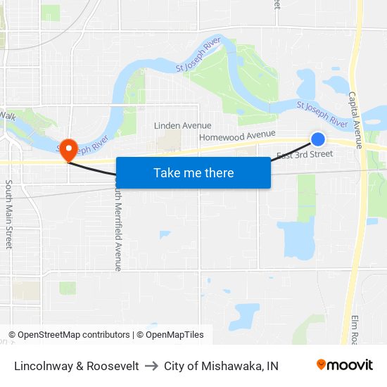 Lincolnway & Roosevelt to City of Mishawaka, IN map