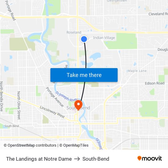 The Landings at Notre Dame to South-Bend map