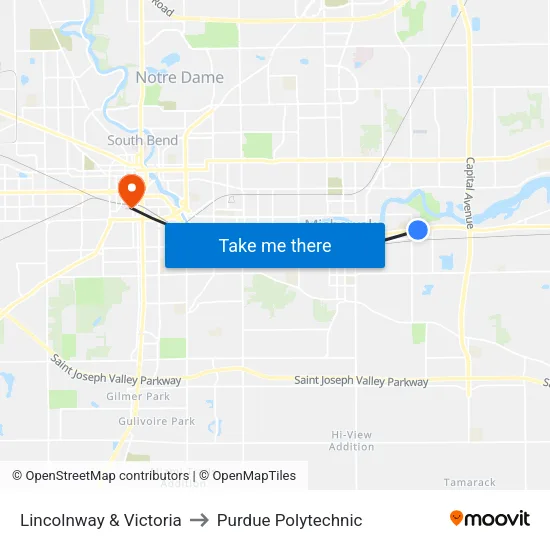 Lincolnway & Victoria to Purdue Polytechnic map