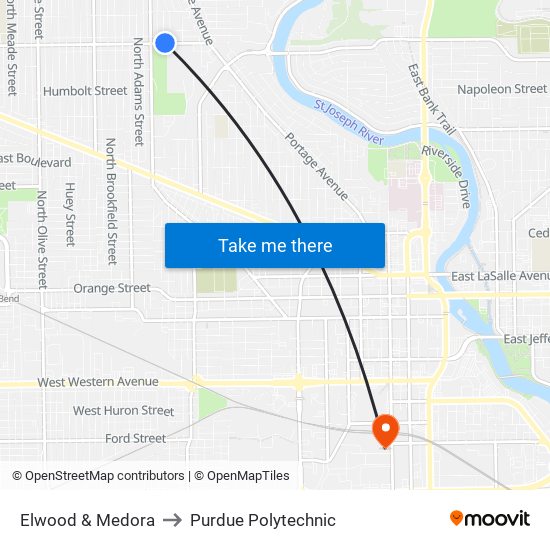 Elwood & Medora to Purdue Polytechnic map