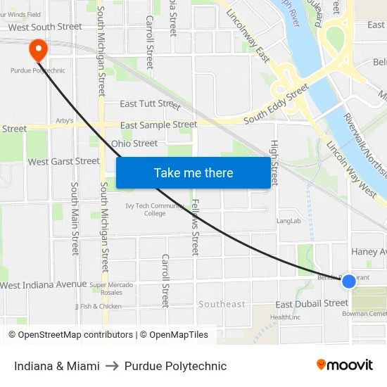 Indiana & Miami to Purdue Polytechnic map