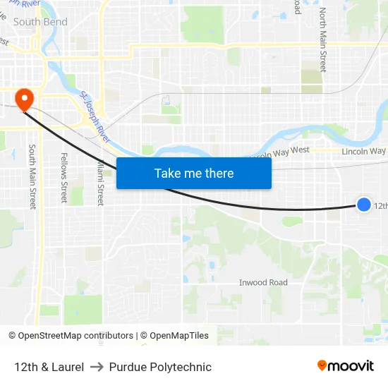 12th & Laurel to Purdue Polytechnic map