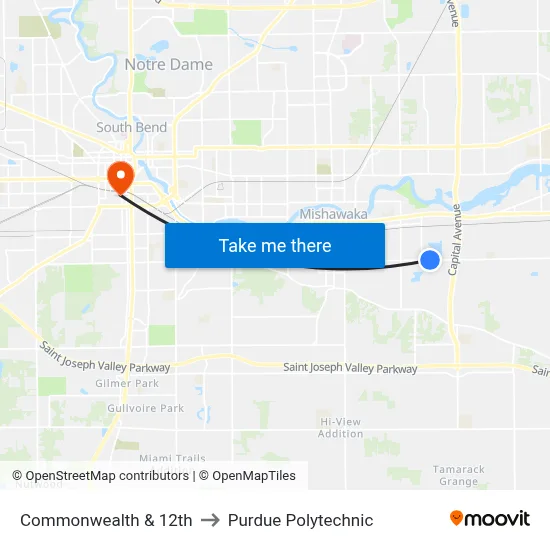 Commonwealth & 12th to Purdue Polytechnic map