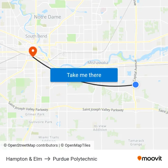Hampton & Elm to Purdue Polytechnic map
