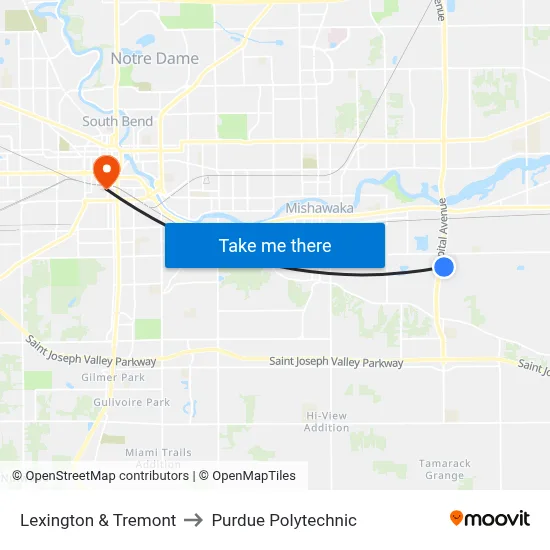 Lexington & Tremont to Purdue Polytechnic map