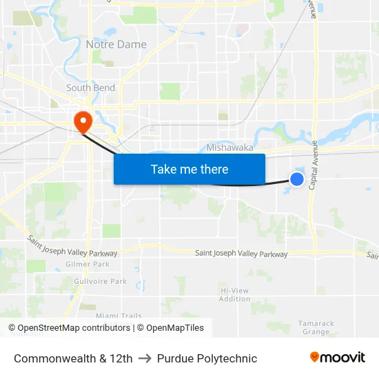 Commonwealth & 12th to Purdue Polytechnic map