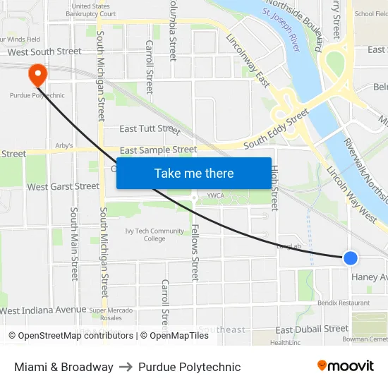 Miami & Broadway to Purdue Polytechnic map