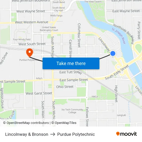 Lincolnway & Bronson to Purdue Polytechnic map
