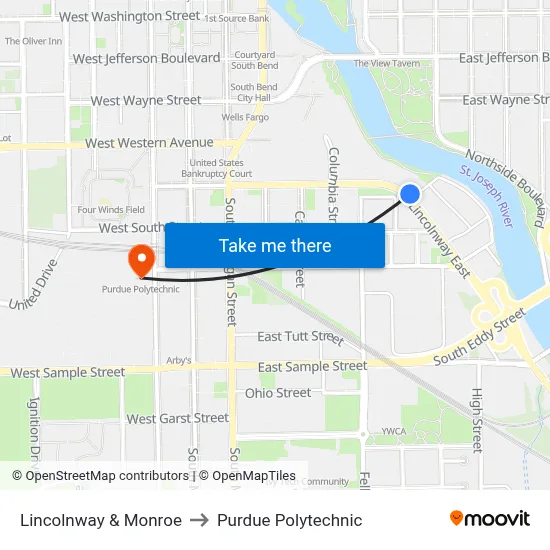 Lincolnway & Monroe to Purdue Polytechnic map