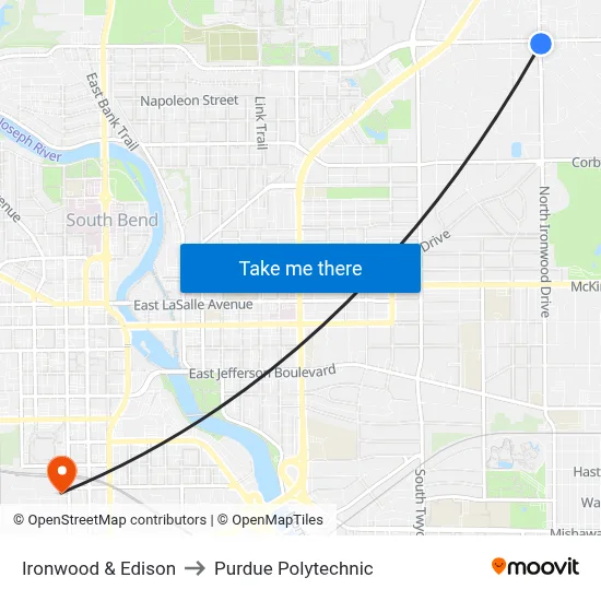Ironwood & Edison to Purdue Polytechnic map