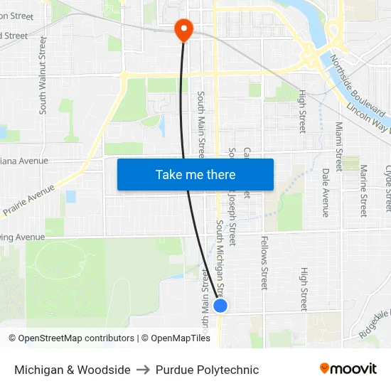 Michigan & Woodside to Purdue Polytechnic map
