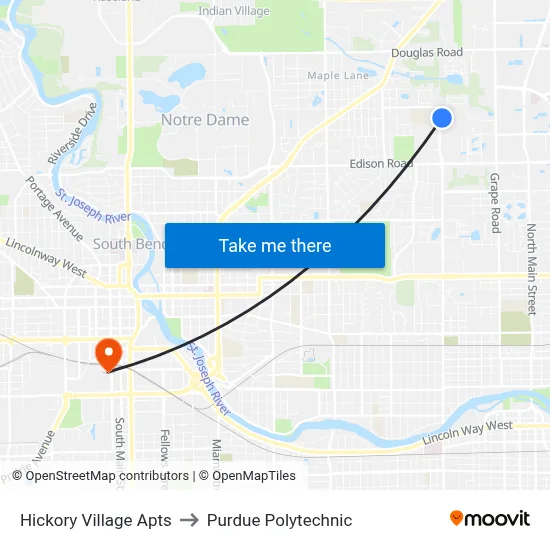 Hickory Village Apts to Purdue Polytechnic map