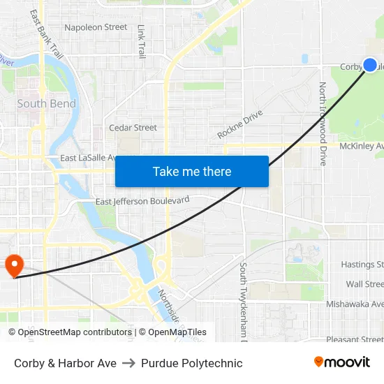 Corby & Harbor Ave to Purdue Polytechnic map