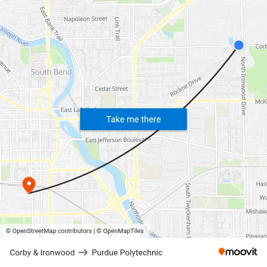 Corby & Ironwood to Purdue Polytechnic map
