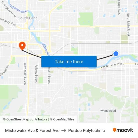 Mishawaka Ave & Forest Ave to Purdue Polytechnic map
