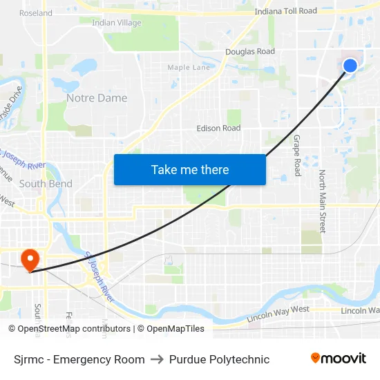 Sjrmc - Emergency Room to Purdue Polytechnic map