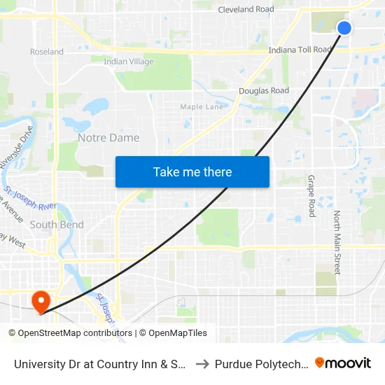 University Dr at Country Inn & Suites to Purdue Polytechnic map