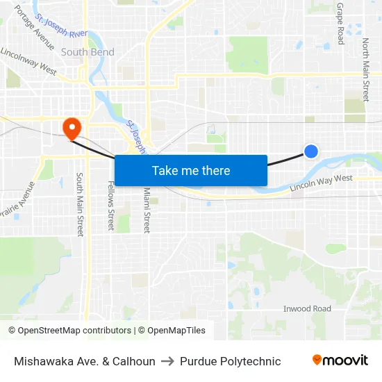 Mishawaka Ave. & Calhoun to Purdue Polytechnic map