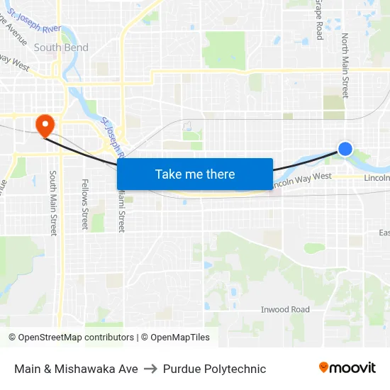 Main & Mishawaka Ave to Purdue Polytechnic map