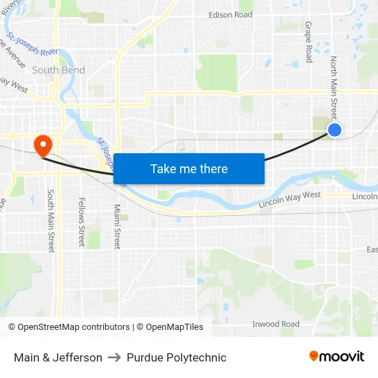 Main & Jefferson to Purdue Polytechnic map