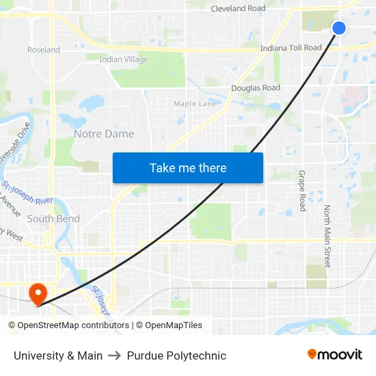 University & Main to Purdue Polytechnic map