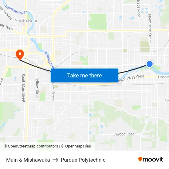 Main & Mishawaka to Purdue Polytechnic map