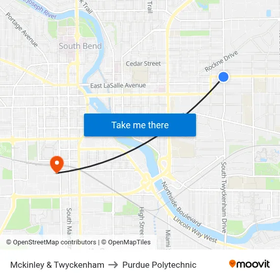 Mckinley & Twyckenham to Purdue Polytechnic map