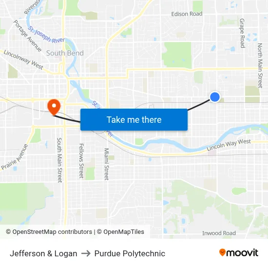 Jefferson & Logan to Purdue Polytechnic map