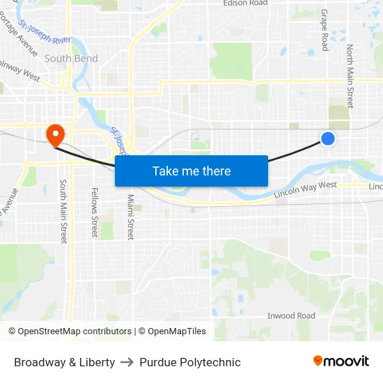 Broadway & Liberty to Purdue Polytechnic map